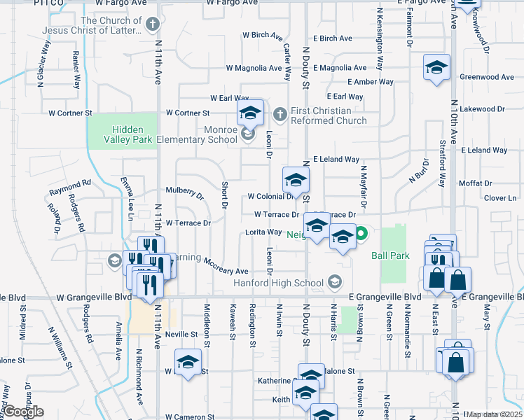 map of restaurants, bars, coffee shops, grocery stores, and more near 225 West Terrace Drive in Hanford