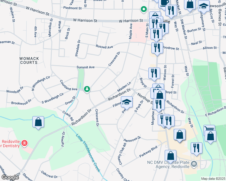 map of restaurants, bars, coffee shops, grocery stores, and more near 1210 Maiden Lane in Reidsville