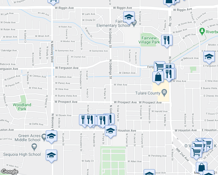 map of restaurants, bars, coffee shops, grocery stores, and more near 1929 North Giddings Street in Visalia