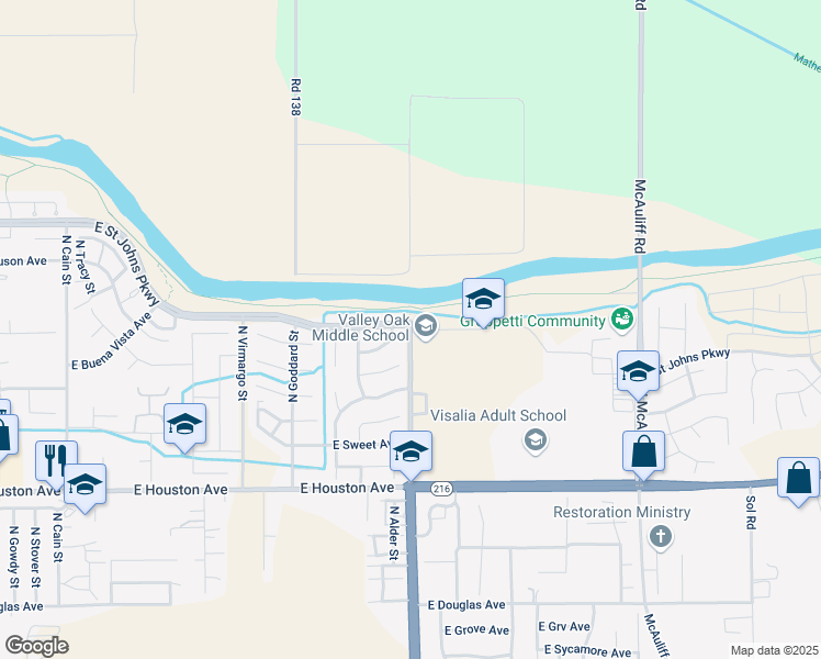 map of restaurants, bars, coffee shops, grocery stores, and more near 1800 North Lovers Lane in Visalia