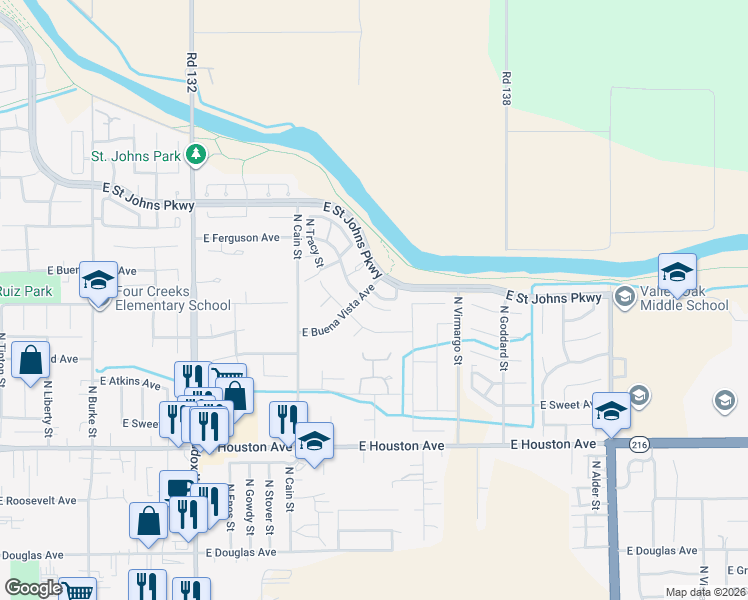 map of restaurants, bars, coffee shops, grocery stores, and more near 2001 East Woodsville Court in Visalia