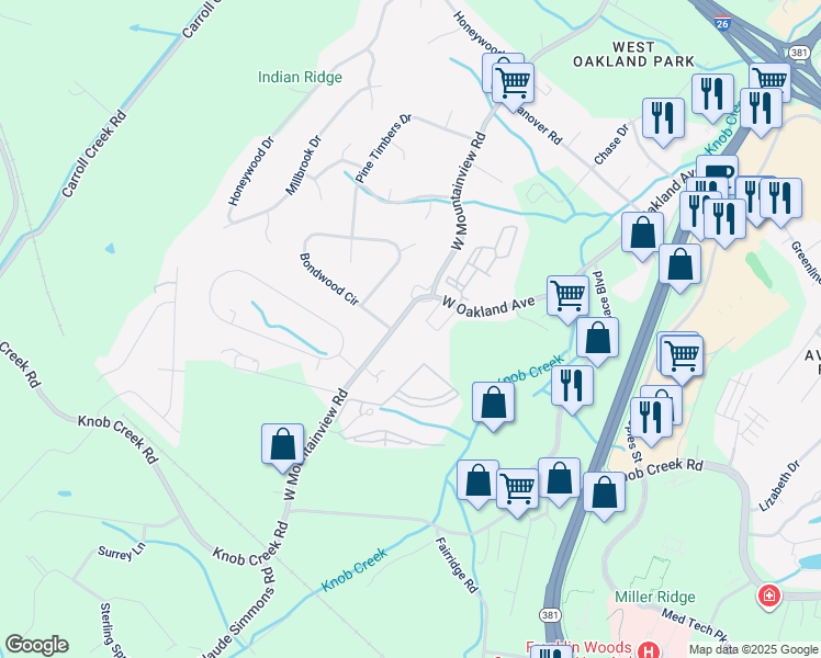 map of restaurants, bars, coffee shops, grocery stores, and more near 1015 West Mountainview Road in Johnson City
