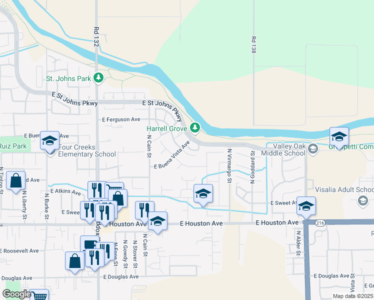 map of restaurants, bars, coffee shops, grocery stores, and more near 2001 East Woodsville Court in Visalia