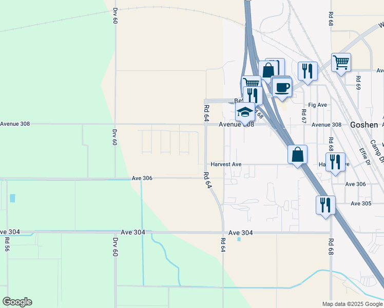 map of restaurants, bars, coffee shops, grocery stores, and more near Avenue 306 in Visalia