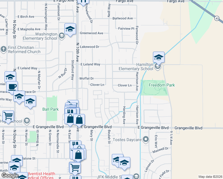 map of restaurants, bars, coffee shops, grocery stores, and more near Arroyo Lane in Hanford