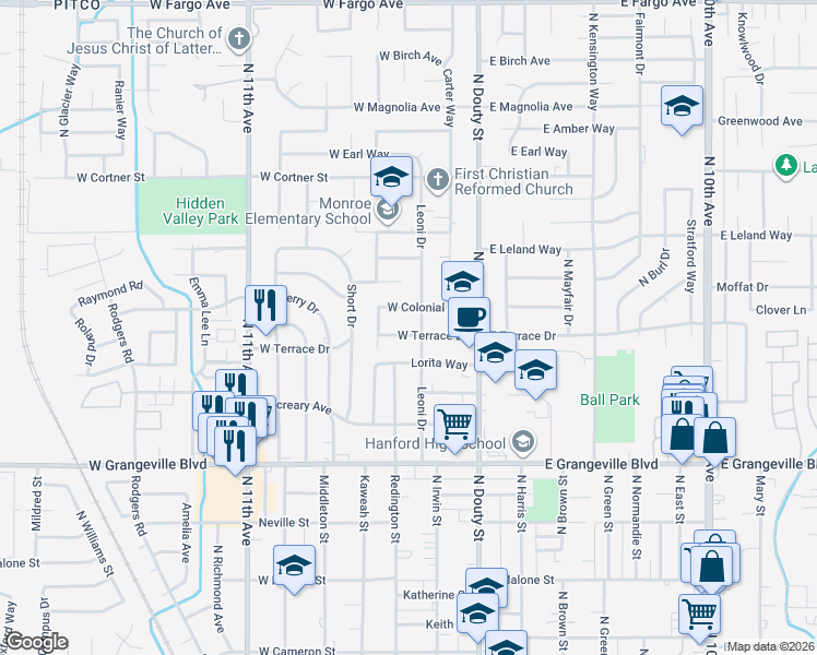 map of restaurants, bars, coffee shops, grocery stores, and more near 225 West Terrace Drive in Hanford