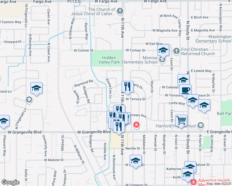 map of restaurants, bars, coffee shops, grocery stores, and more near 1911 Emma Lee Lane in Hanford