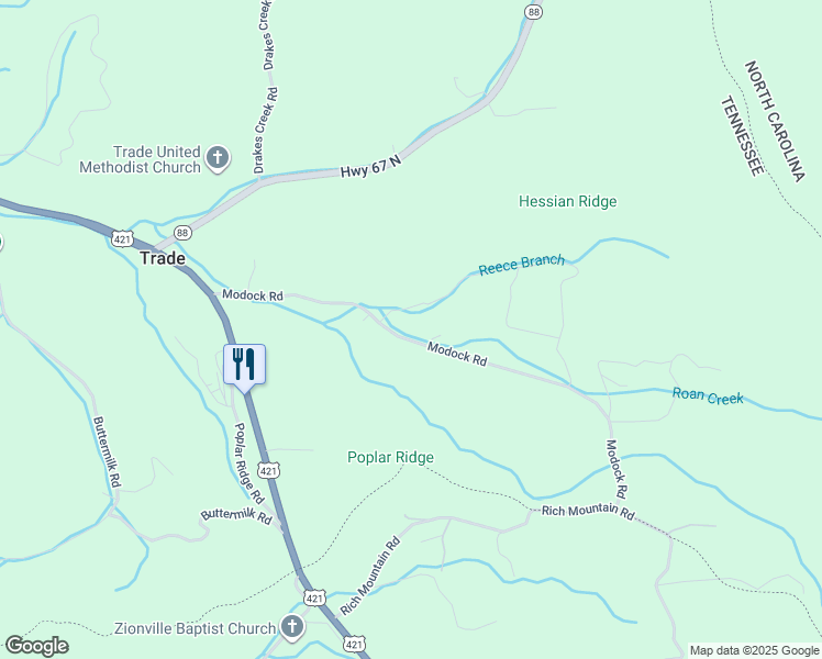 map of restaurants, bars, coffee shops, grocery stores, and more near 557 Modock Road in Trade