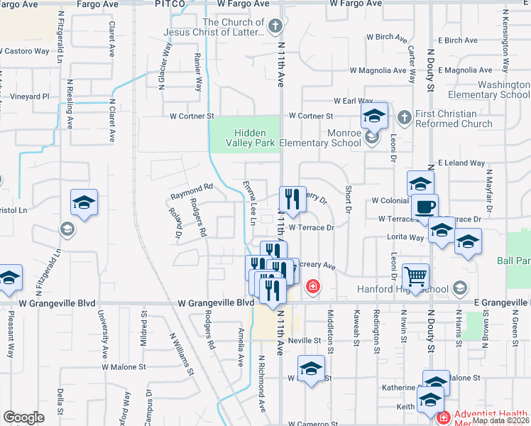 map of restaurants, bars, coffee shops, grocery stores, and more near 1911 Emma Lee Lane in Hanford