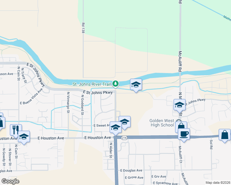 map of restaurants, bars, coffee shops, grocery stores, and more near 2000 North Lovers Lane in Visalia