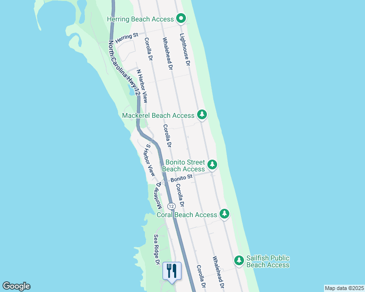 map of restaurants, bars, coffee shops, grocery stores, and more near 938 Whalehead Drive in Corolla