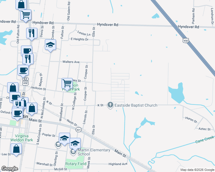 map of restaurants, bars, coffee shops, grocery stores, and more near 124 Burchard Street in Martin