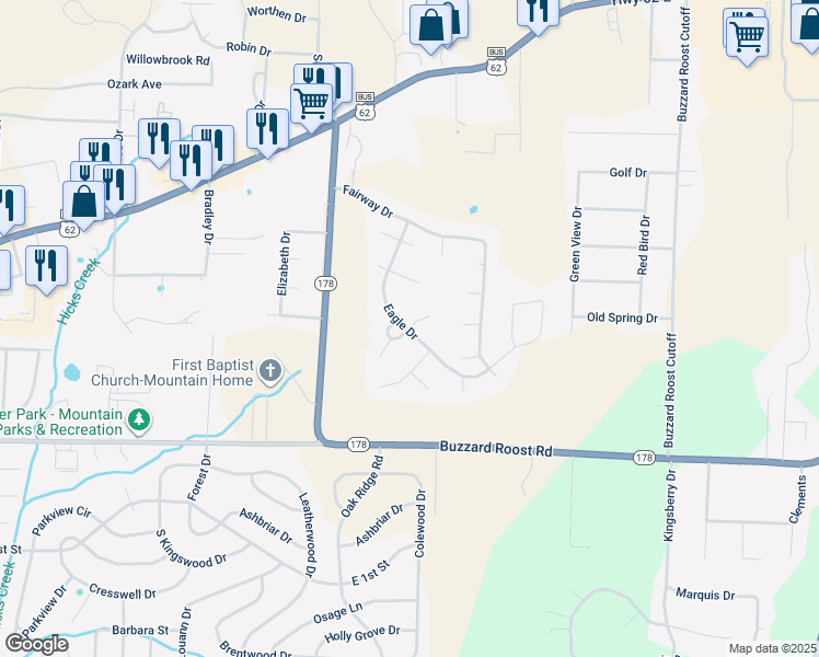 map of restaurants, bars, coffee shops, grocery stores, and more near 1809 Eagle Drive in Mountain Home