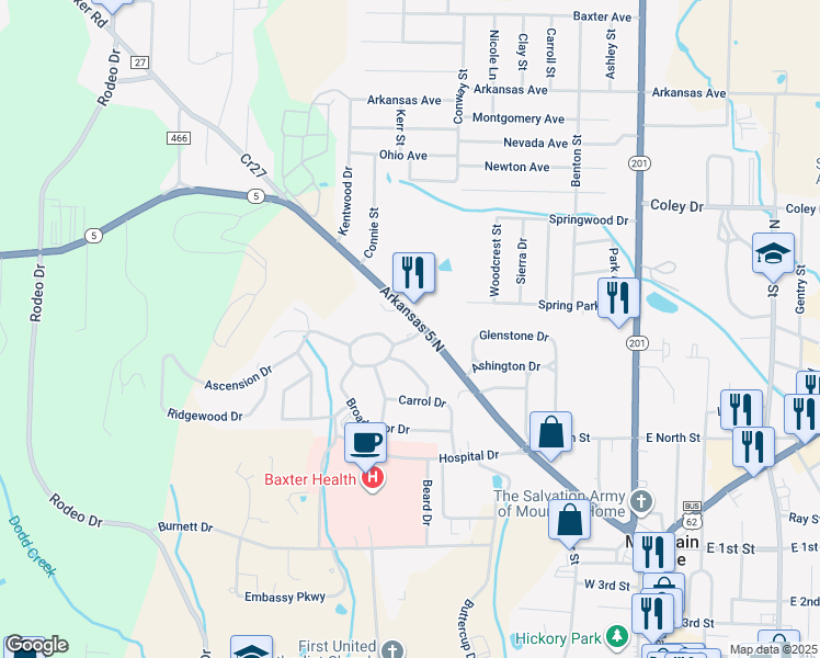 map of restaurants, bars, coffee shops, grocery stores, and more near 702 County Road 5 in Mountain Home