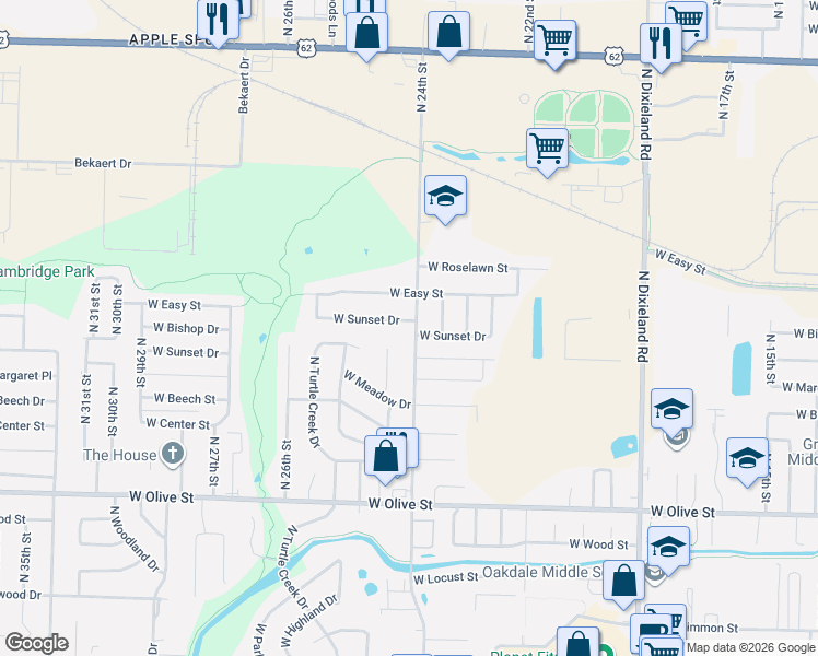 map of restaurants, bars, coffee shops, grocery stores, and more near 2314 West Sunset Drive in Rogers