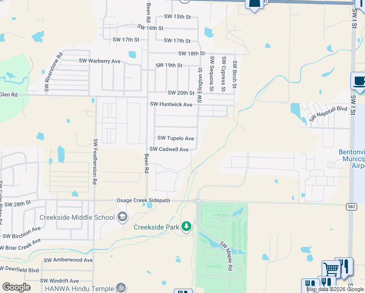 map of restaurants, bars, coffee shops, grocery stores, and more near 2304 Southwest Cadwell Avenue in Bentonville