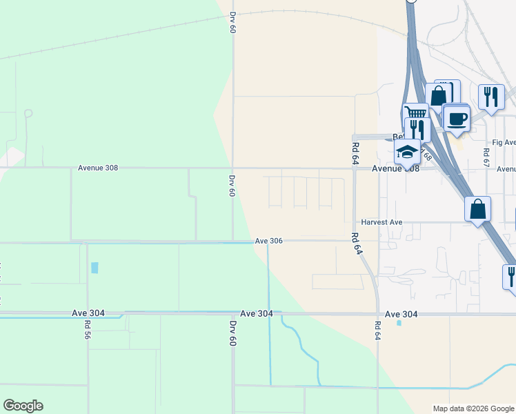 map of restaurants, bars, coffee shops, grocery stores, and more near 5999 Avenue 308 in Visalia