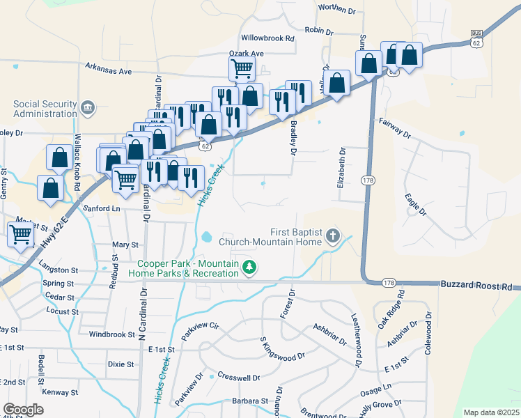 map of restaurants, bars, coffee shops, grocery stores, and more near 1308 Porter Lane in Mountain Home