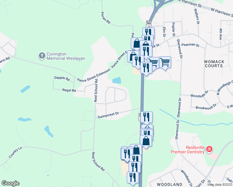 map of restaurants, bars, coffee shops, grocery stores, and more near 107 Savannah Drive in Reidsville