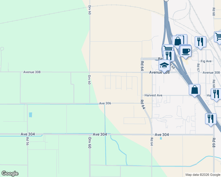 map of restaurants, bars, coffee shops, grocery stores, and more near Avenue 306 in Visalia