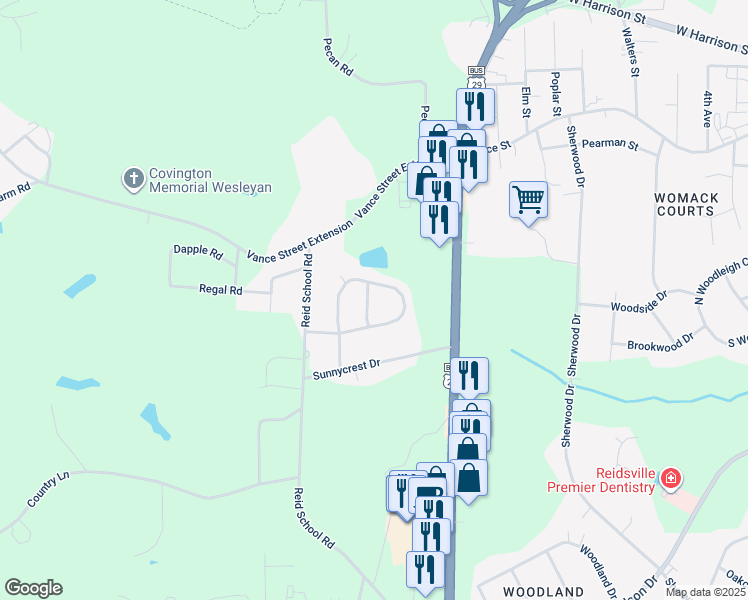 map of restaurants, bars, coffee shops, grocery stores, and more near 107 Savannah Drive in Reidsville