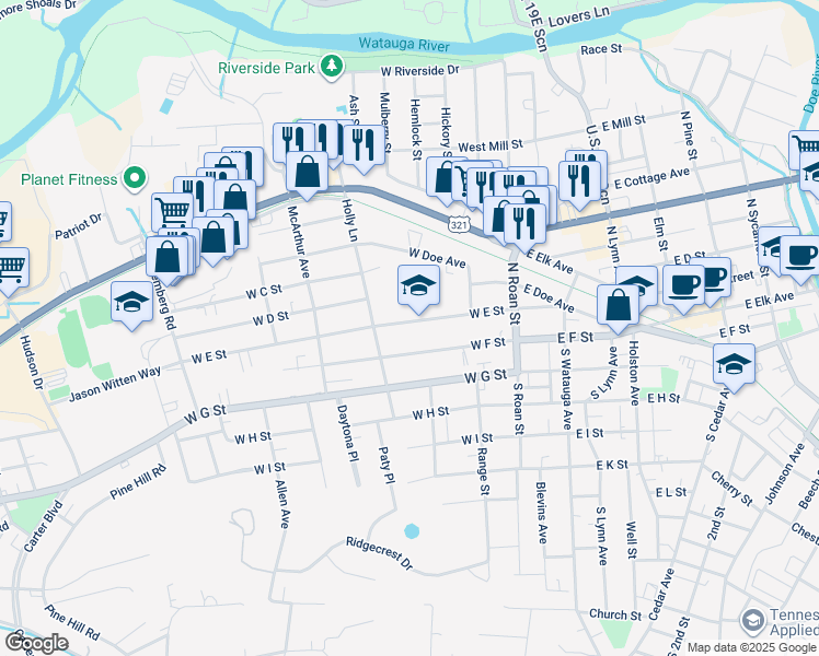 map of restaurants, bars, coffee shops, grocery stores, and more near 306 West E Street in Elizabethton