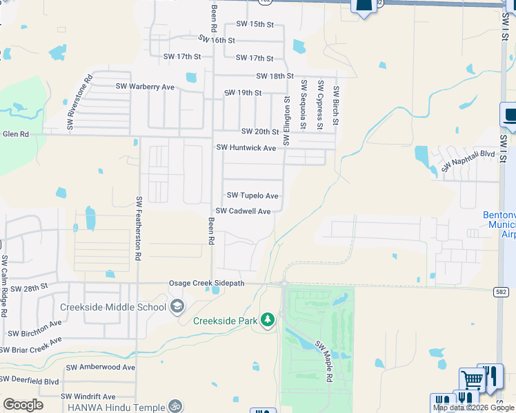 map of restaurants, bars, coffee shops, grocery stores, and more near 2304 Southwest Cadwell Avenue in Bentonville