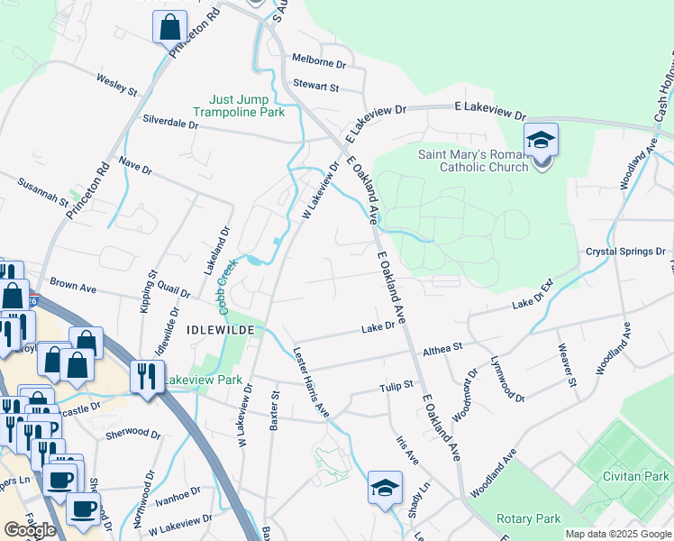 map of restaurants, bars, coffee shops, grocery stores, and more near 1001 Crocus Street in Johnson City