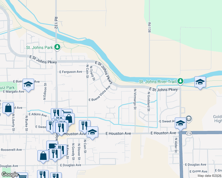 map of restaurants, bars, coffee shops, grocery stores, and more near 2001 East Woodsville Court in Visalia