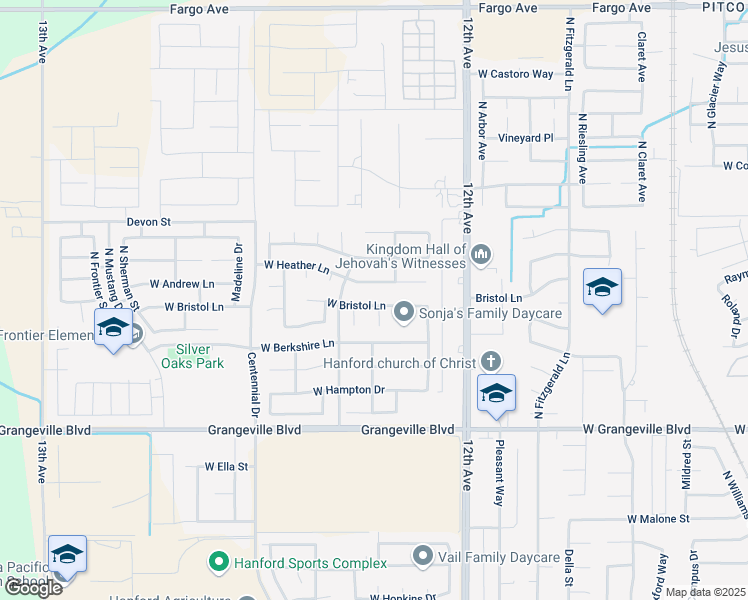 map of restaurants, bars, coffee shops, grocery stores, and more near 1931 Estate Court in Hanford