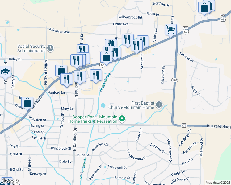 map of restaurants, bars, coffee shops, grocery stores, and more near 610 Cooper Estates Drive in Mountain Home