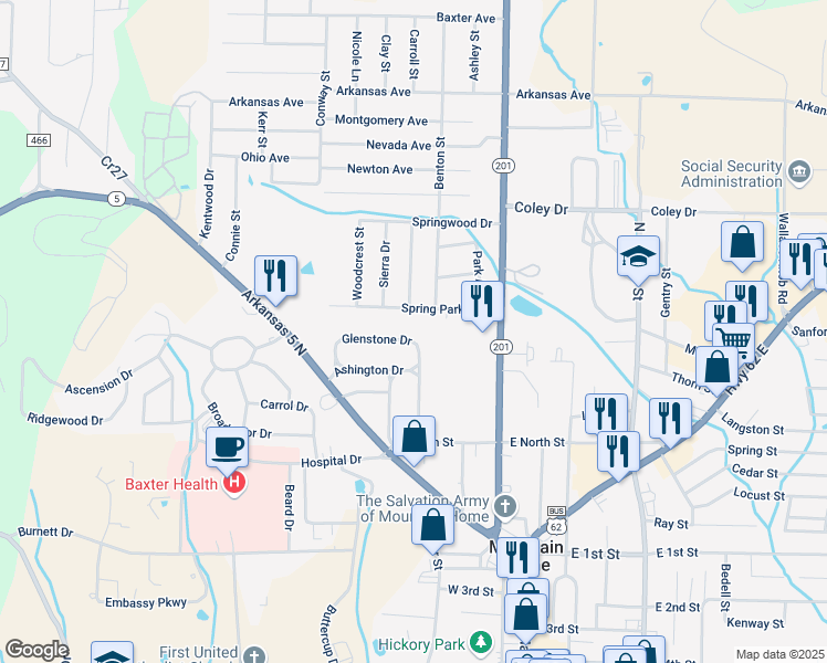 map of restaurants, bars, coffee shops, grocery stores, and more near 412 Glenstone Drive in Mountain Home