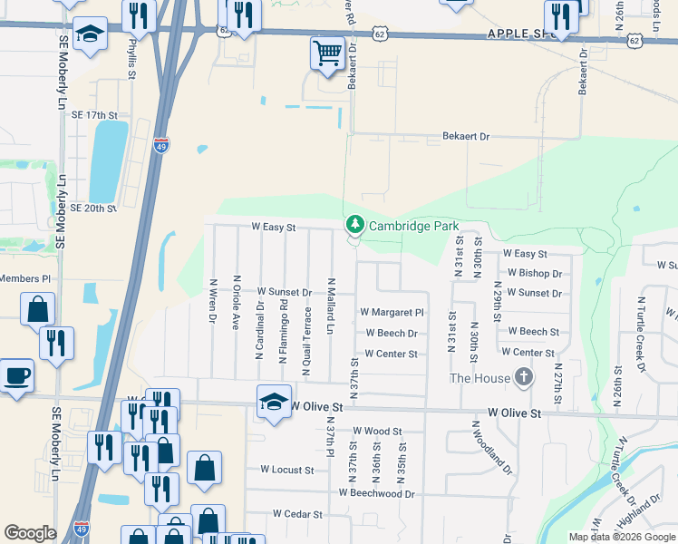 map of restaurants, bars, coffee shops, grocery stores, and more near 1200 North 37th Street in Rogers