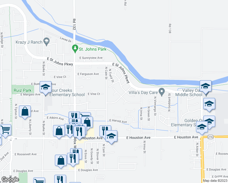map of restaurants, bars, coffee shops, grocery stores, and more near 1939 East Andrea Court in Visalia