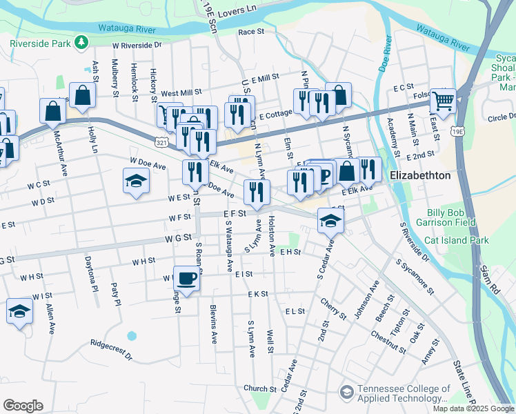 map of restaurants, bars, coffee shops, grocery stores, and more near 55 Lynn Avenue in Elizabethton