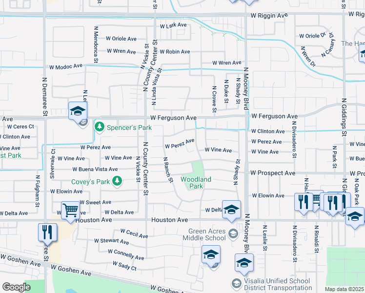 map of restaurants, bars, coffee shops, grocery stores, and more near 1923 North Zachary Street in Visalia