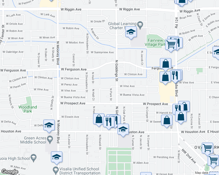 map of restaurants, bars, coffee shops, grocery stores, and more near 1941 North Park Street in Visalia