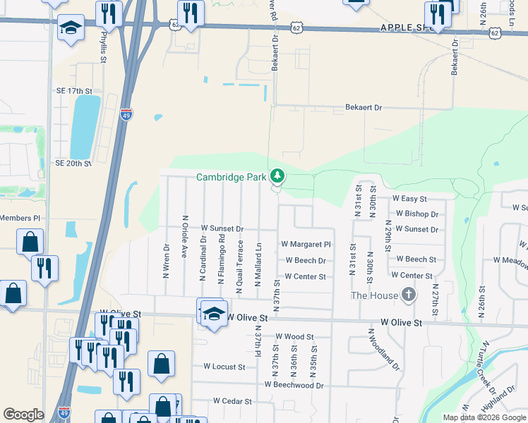map of restaurants, bars, coffee shops, grocery stores, and more near 1200 North 37th Street in Rogers