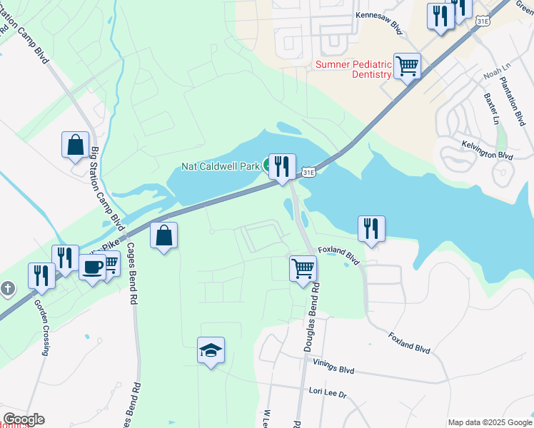 map of restaurants, bars, coffee shops, grocery stores, and more near 1391 Foxland Boulevard in Gallatin
