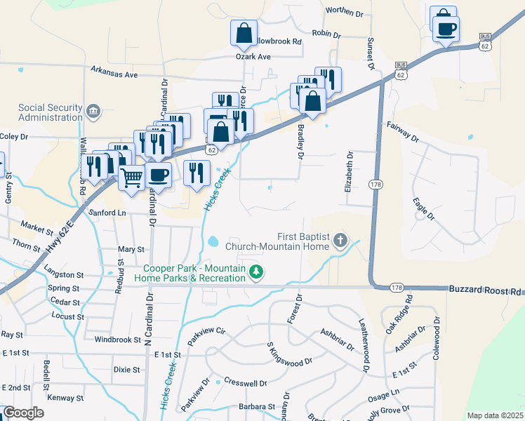 map of restaurants, bars, coffee shops, grocery stores, and more near 1308 Porter Lane in Mountain Home