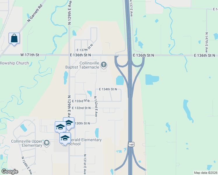 map of restaurants, bars, coffee shops, grocery stores, and more near 13366 North 134th East Avenue in Collinsville