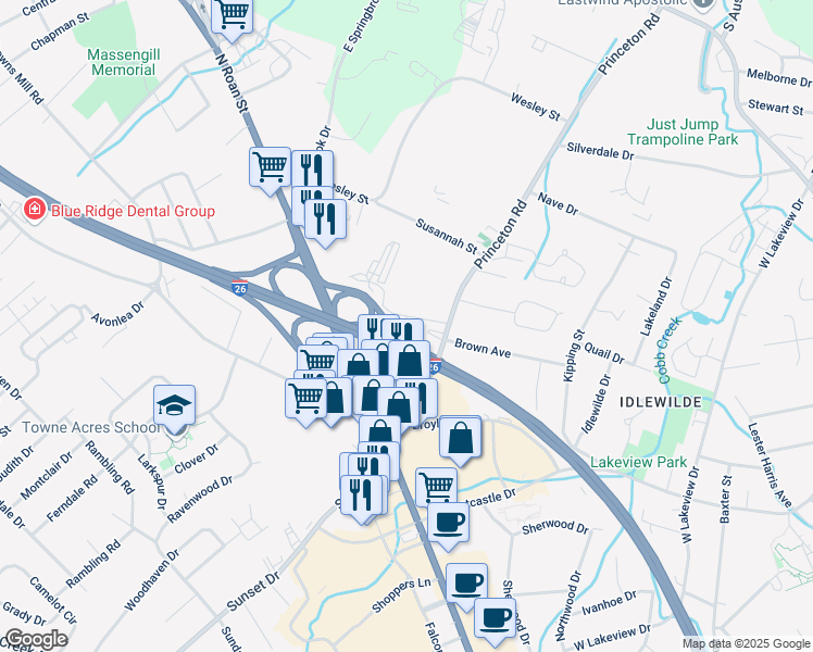 map of restaurants, bars, coffee shops, grocery stores, and more near 2206 College Road in Johnson City