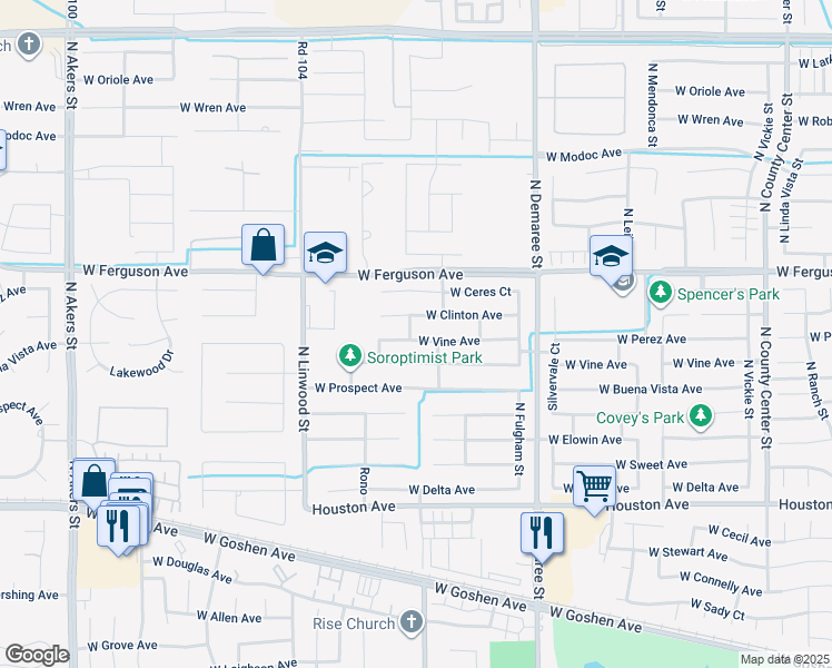 map of restaurants, bars, coffee shops, grocery stores, and more near 4044 West Vine Avenue in Visalia