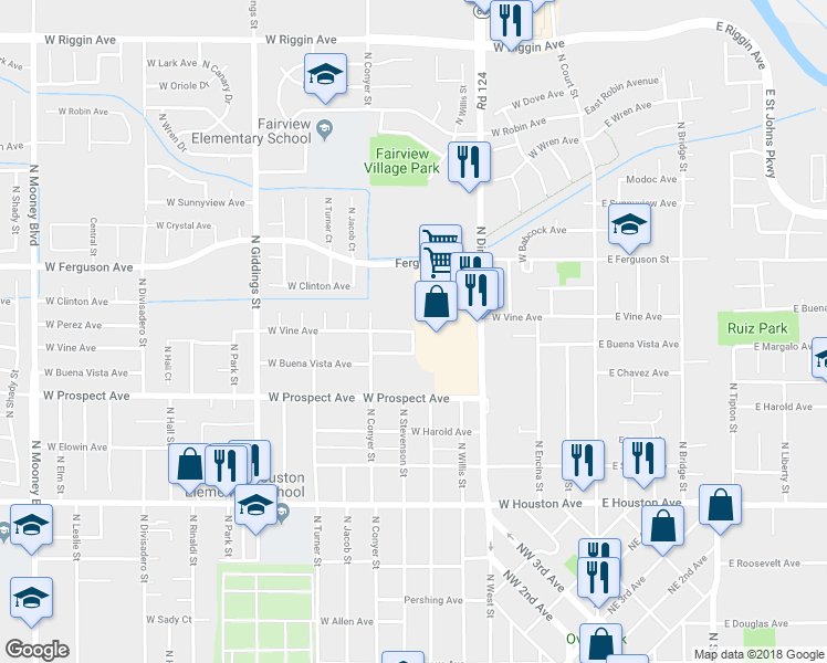 map of restaurants, bars, coffee shops, grocery stores, and more near 2025 North Dinuba Boulevard in Visalia