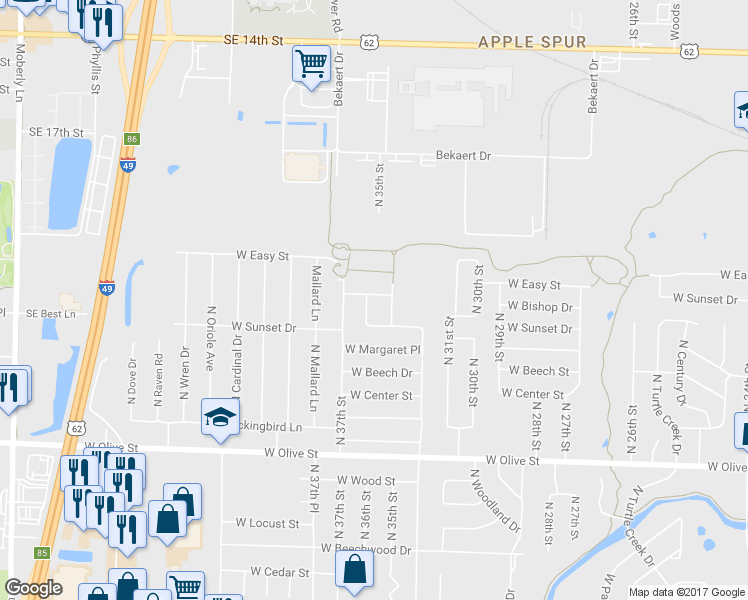 map of restaurants, bars, coffee shops, grocery stores, and more near 1209 North 36th Street in Rogers