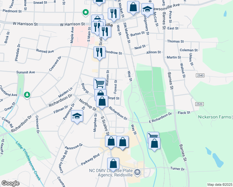 map of restaurants, bars, coffee shops, grocery stores, and more near 200 Prescott Street in Reidsville
