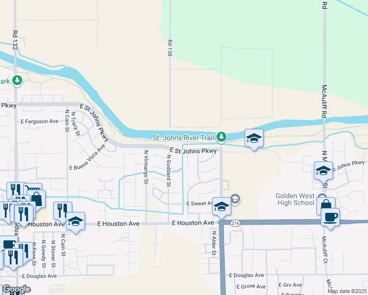 map of restaurants, bars, coffee shops, grocery stores, and more near 2604 East Saint Johns Parkway in Visalia