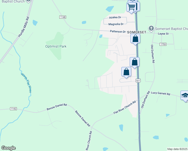 map of restaurants, bars, coffee shops, grocery stores, and more near 136 Bywood Drive in Roxboro