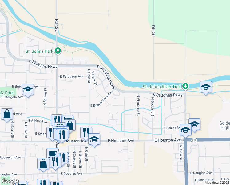 map of restaurants, bars, coffee shops, grocery stores, and more near 2604 East Saint Johns Parkway in Visalia