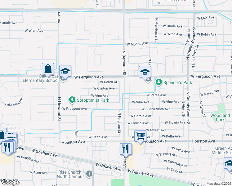 map of restaurants, bars, coffee shops, grocery stores, and more near 2114 North Fulgham Street in Visalia